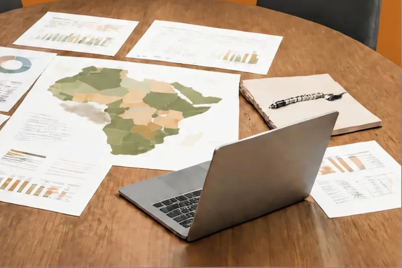 Consulting workspace: printed Africa map, charts and a laptop on a table